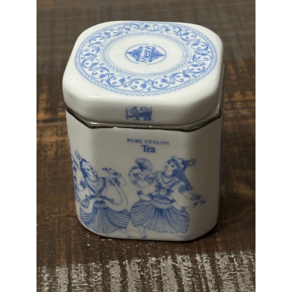 Vintage Mlesna Pure Ceylon Tea Porcelain Caddy Jar Sri Lanka Blue & White